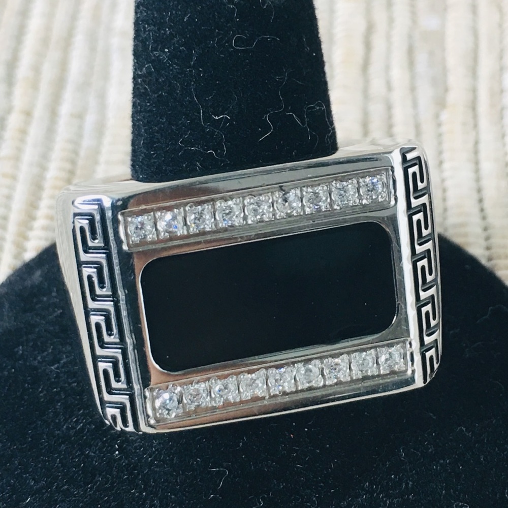 Geometric Rectangle CZ Greek Key Black Signet Ring